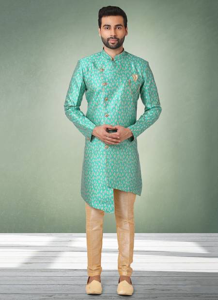 Teal Colour Heavy Wedding Wear Jacquard Banarasi Brocade Indo Western Mens Collection 1078